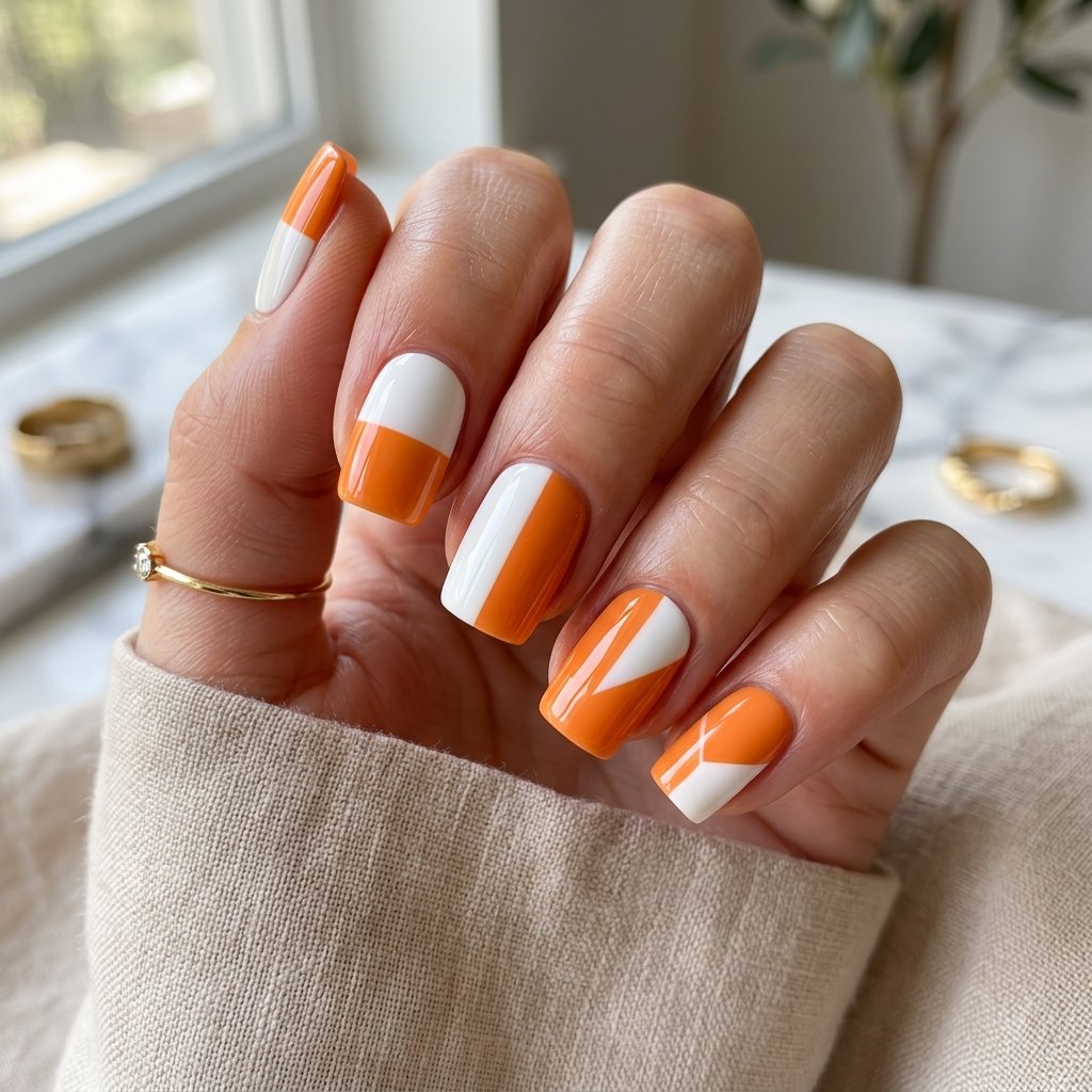 Orange And White Color Block Nails