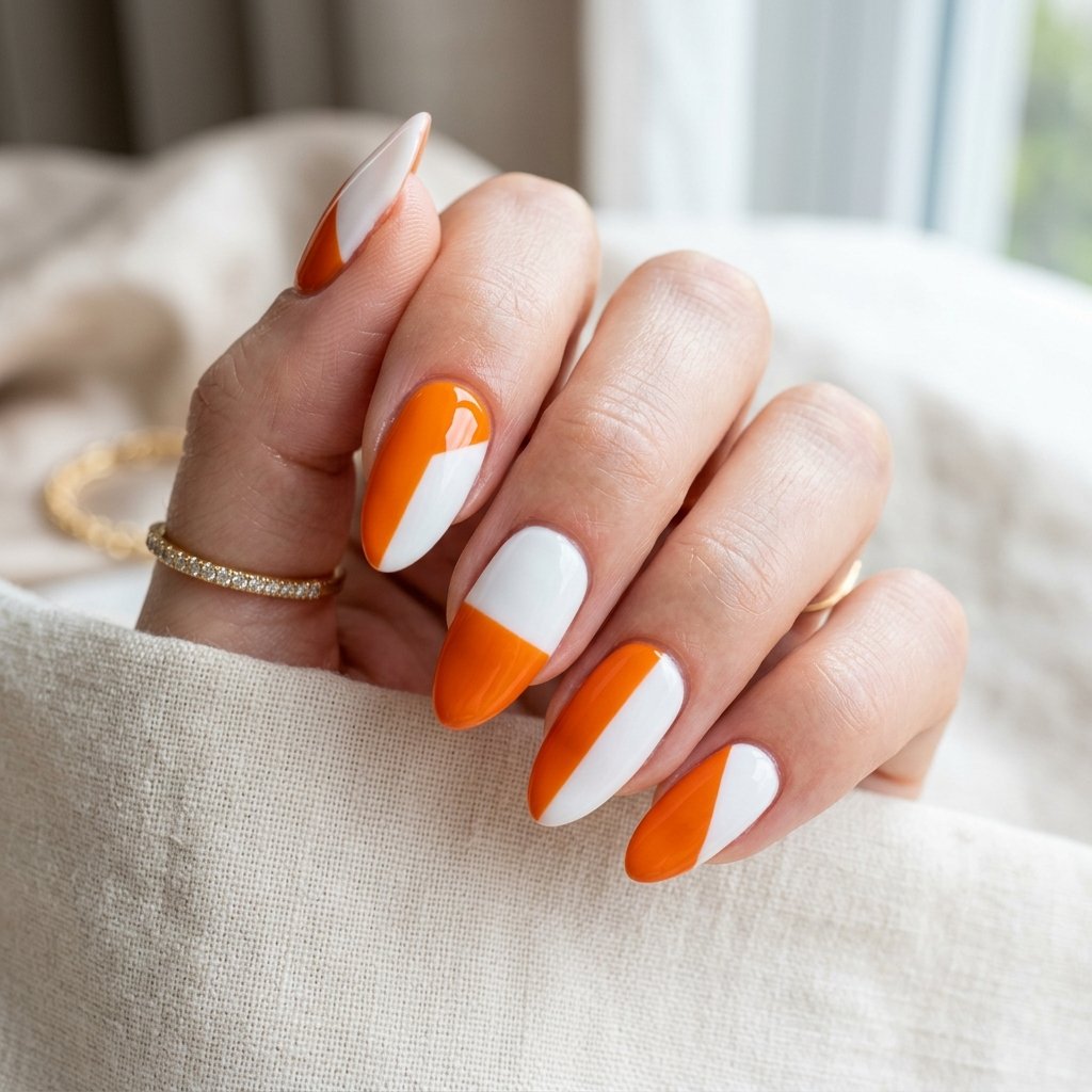 Orange And White Color Block Nails