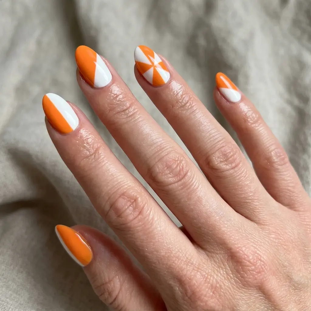 Orange And White Color Block Nails