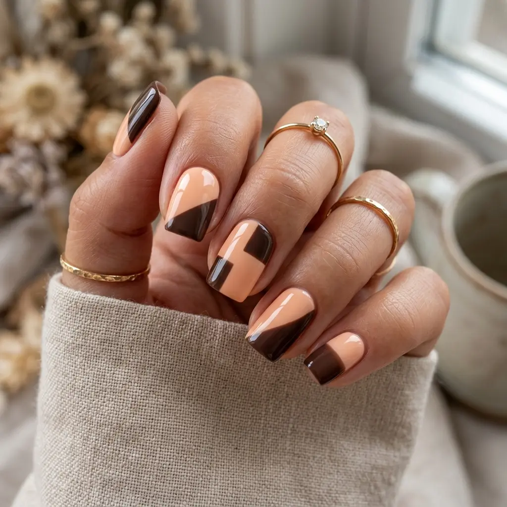 23 Early Fall August Nails You'll Want to Wear Before Everyone Else 16 Peach and Brown Color Block Nails