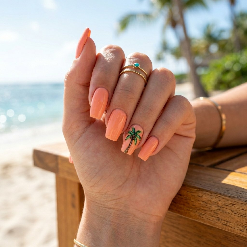 Peach Nails with Tiny Palm Tree on Short Coffin