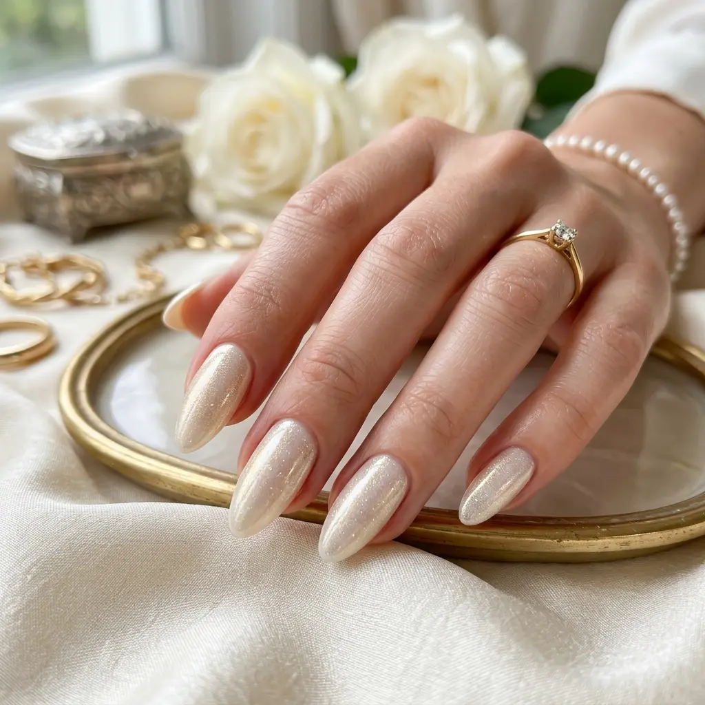 Warm Pearl White Shimmer Almond Nails