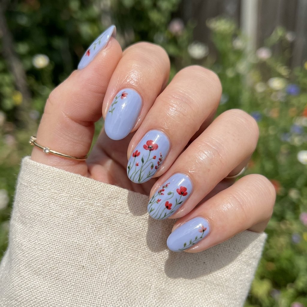 Soft Periwinkle Nails with Red Wildflower Accent