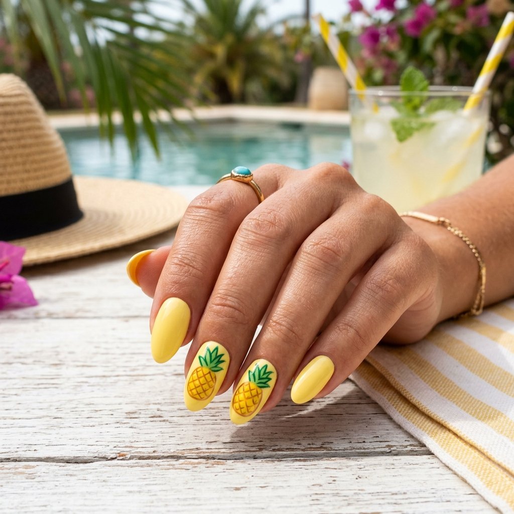 Pineapple Accent Nails on Yellow Base