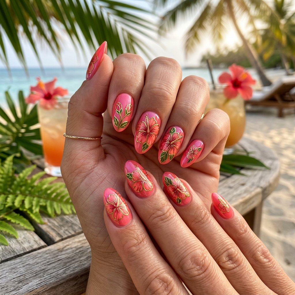 Pink Hibiscus with Gold Outline