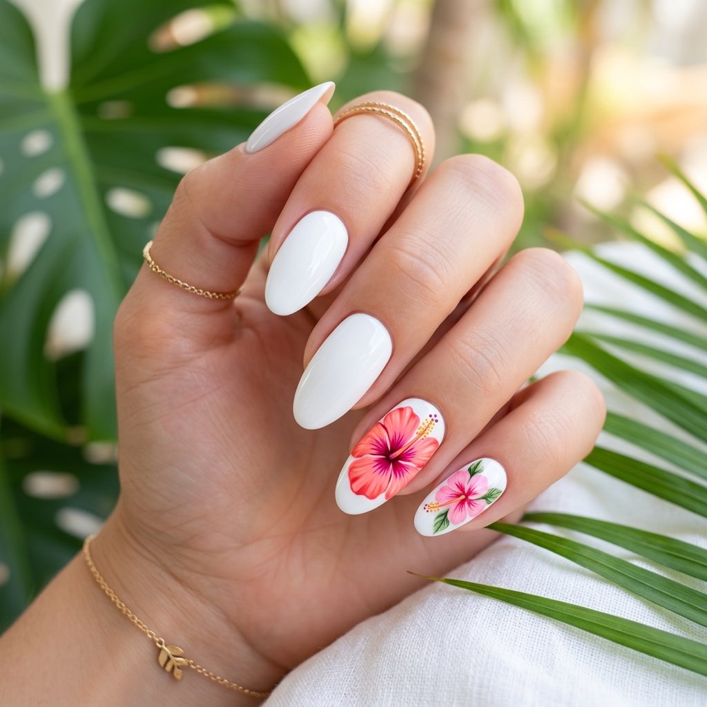 Pink Hibiscus on White Glossy Nails