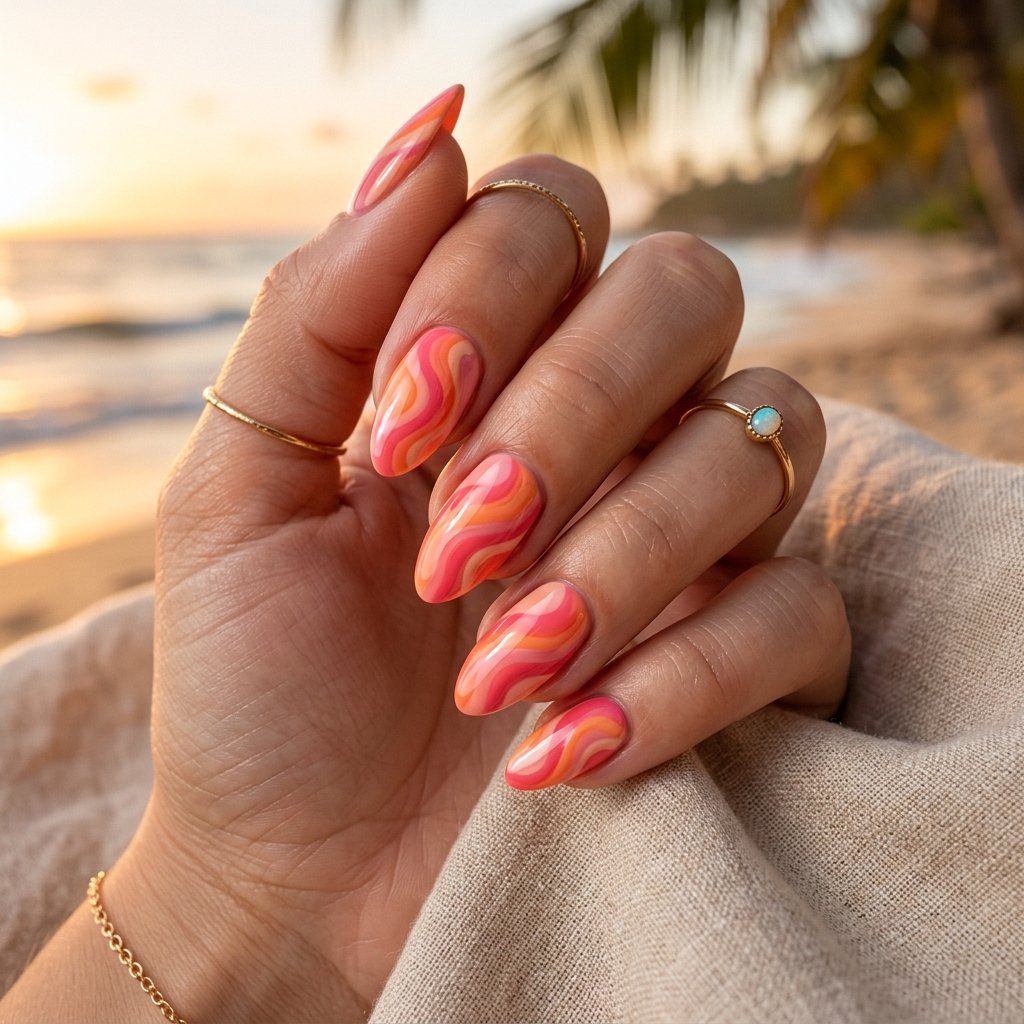 Pink and Orange Swirl Nails