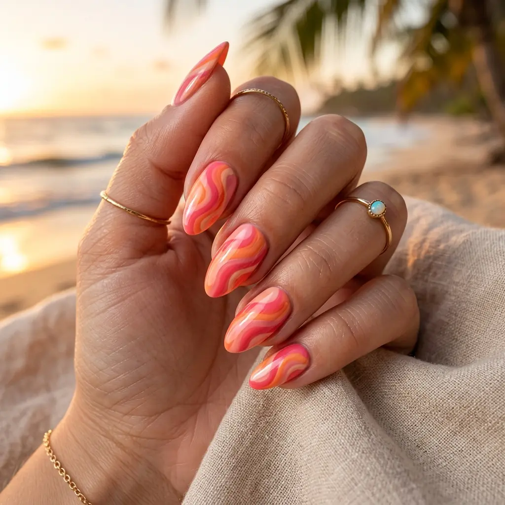 Pink and Orange Swirl Nails