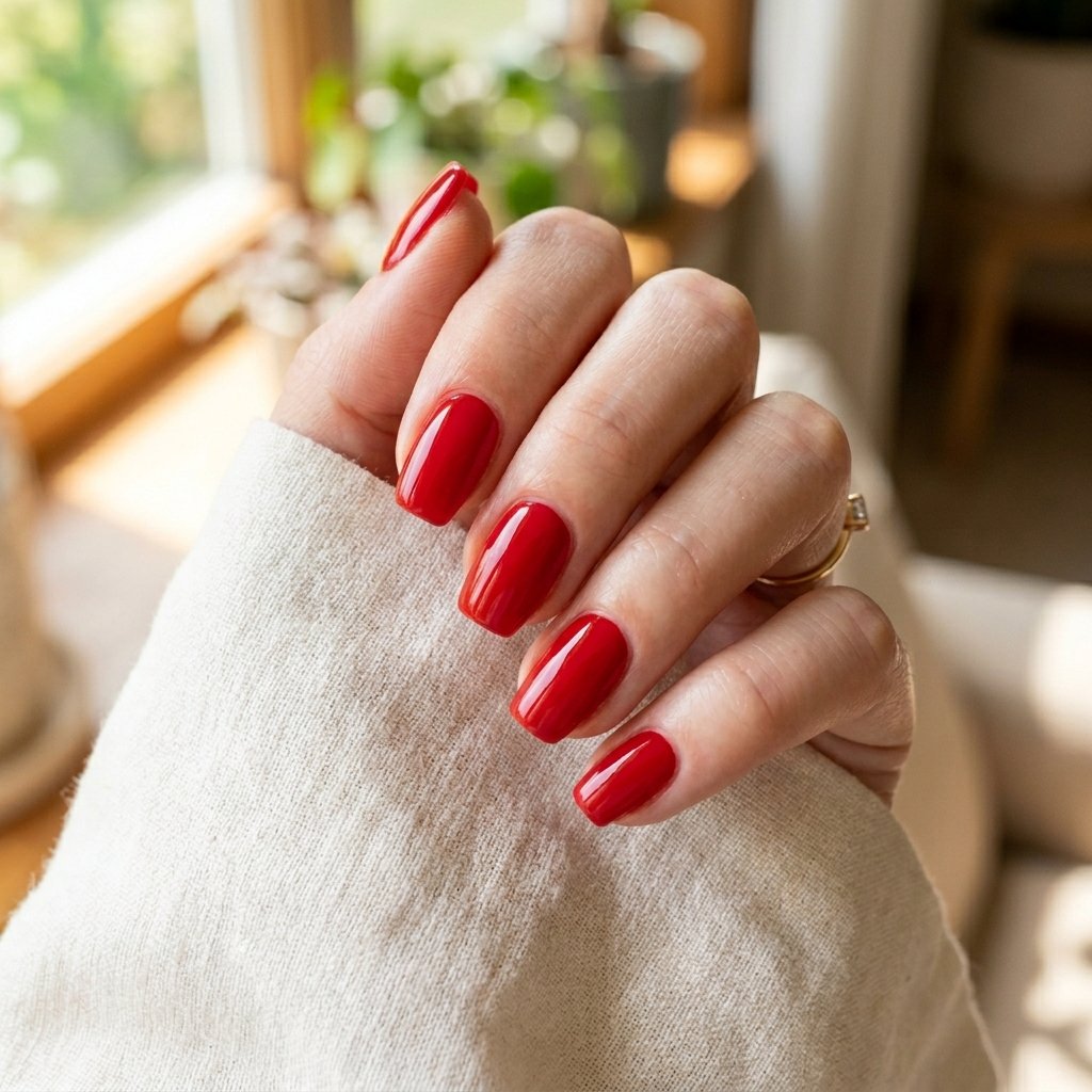 Vivid Red Glossy Short Coffin Nails
