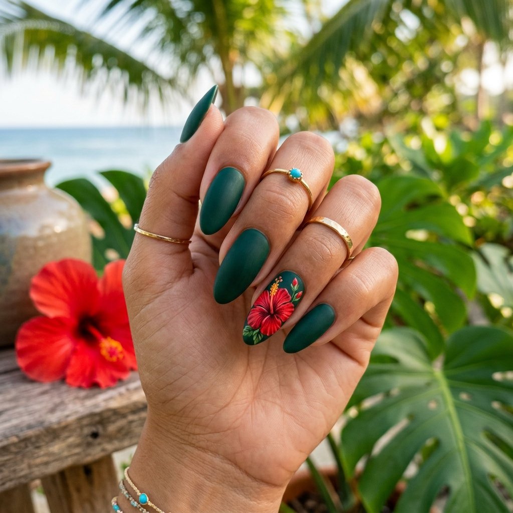 Red Hibiscus on Deep Green Matte Base