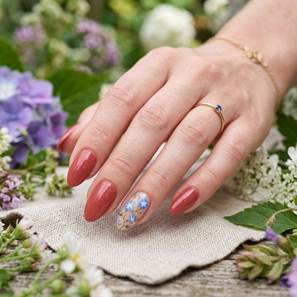 Soft Red Nails with Blue Morning Glory Accent