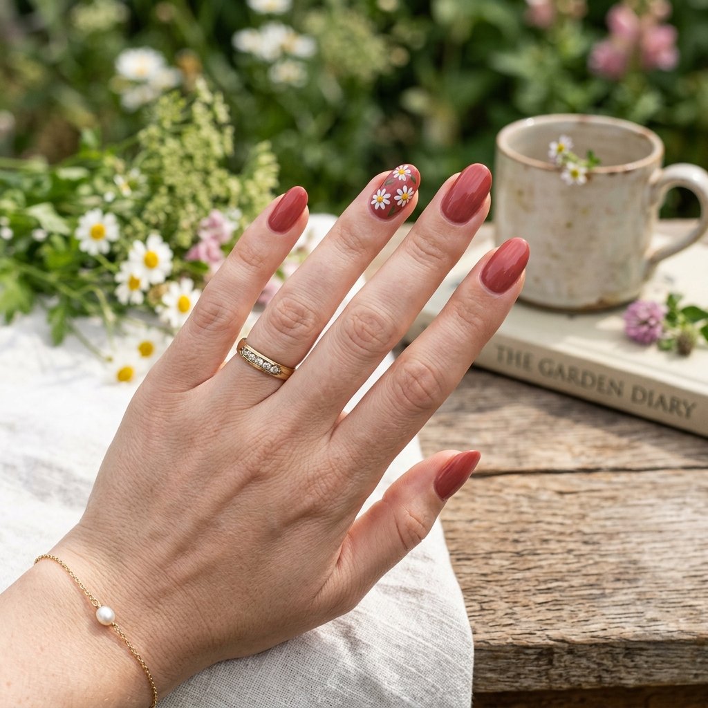 Dusty Red Nails with White Daisy Detail