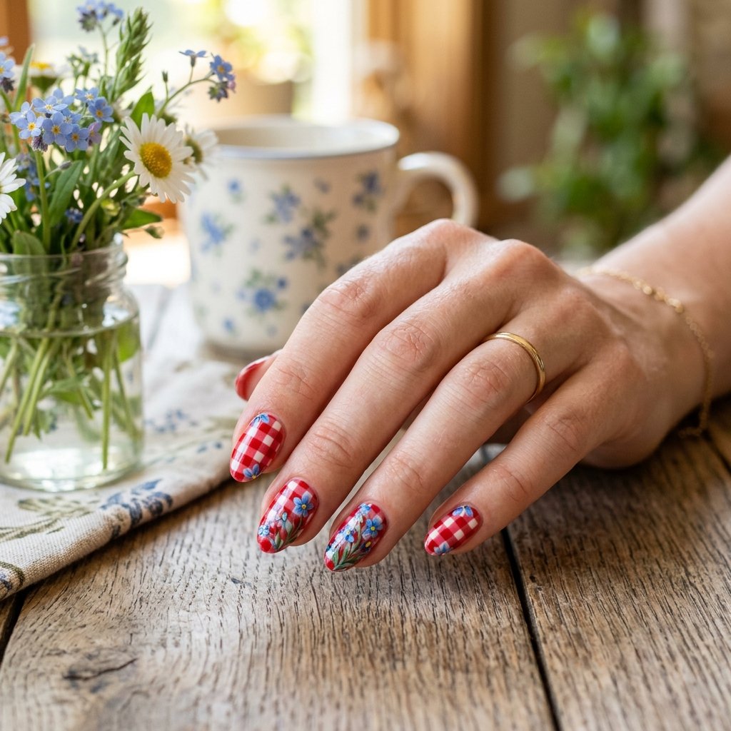 Red Plaid with Blue Floral Accent