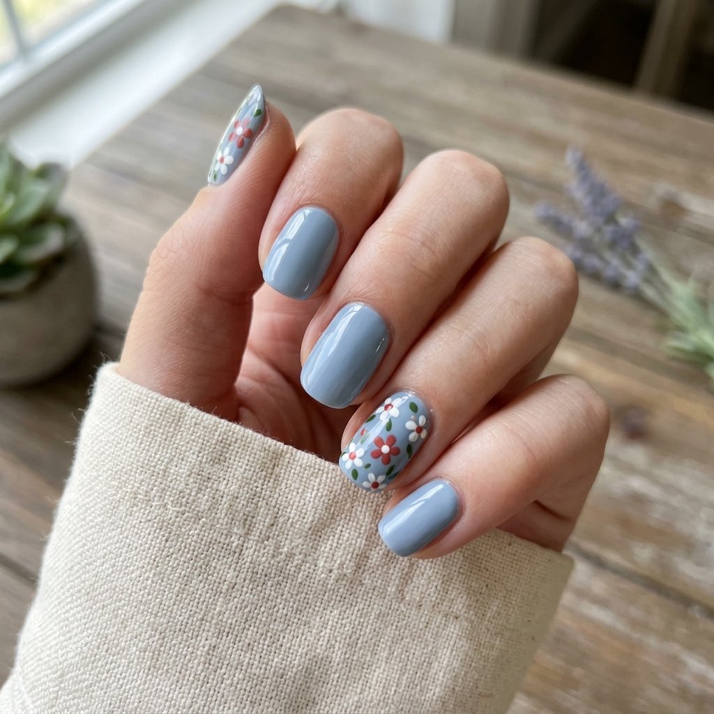 Red and White Floral on Blue Base