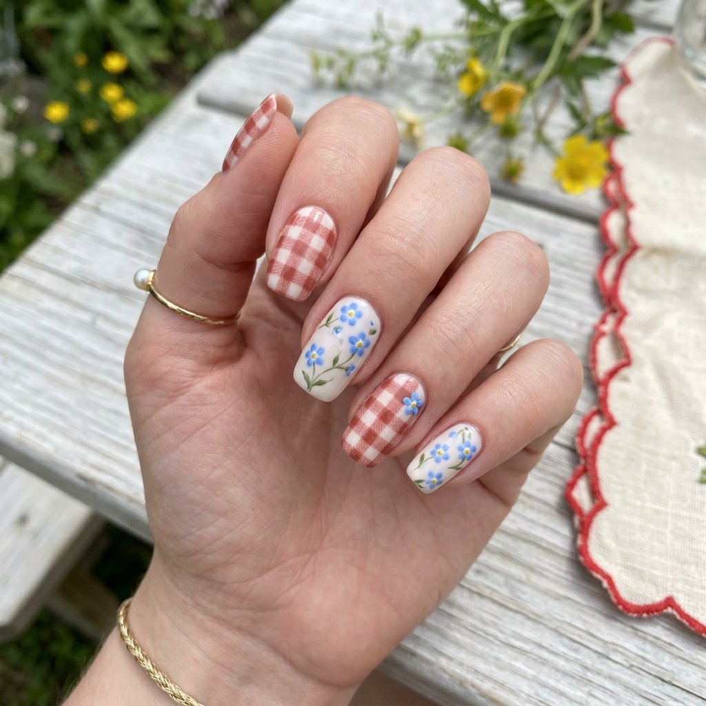Soft Red and White Gingham with Blue Forget-Me-Nots