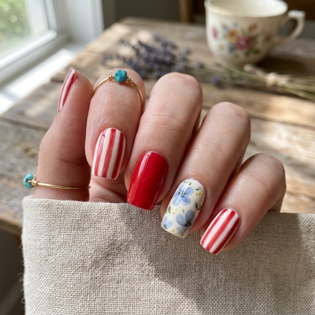 Red and White Stripe with Blue Floral Accent