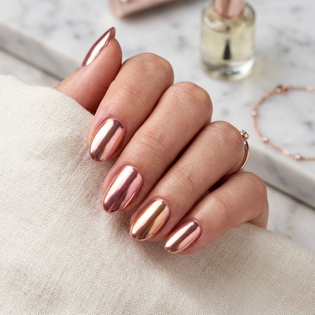 Rose Gold Chrome Short Oval Nails