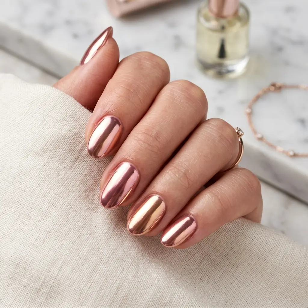 19 August Teacher Nails That Look Professional, Polished, and Chic 18 Rose Gold Chrome Short Oval Nails