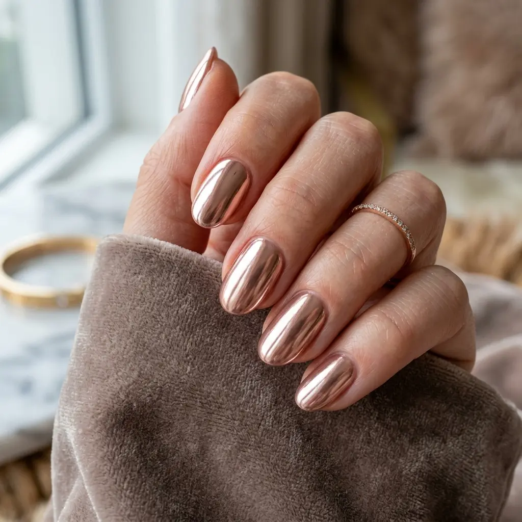 Rose Gold Chrome Short Oval Nails