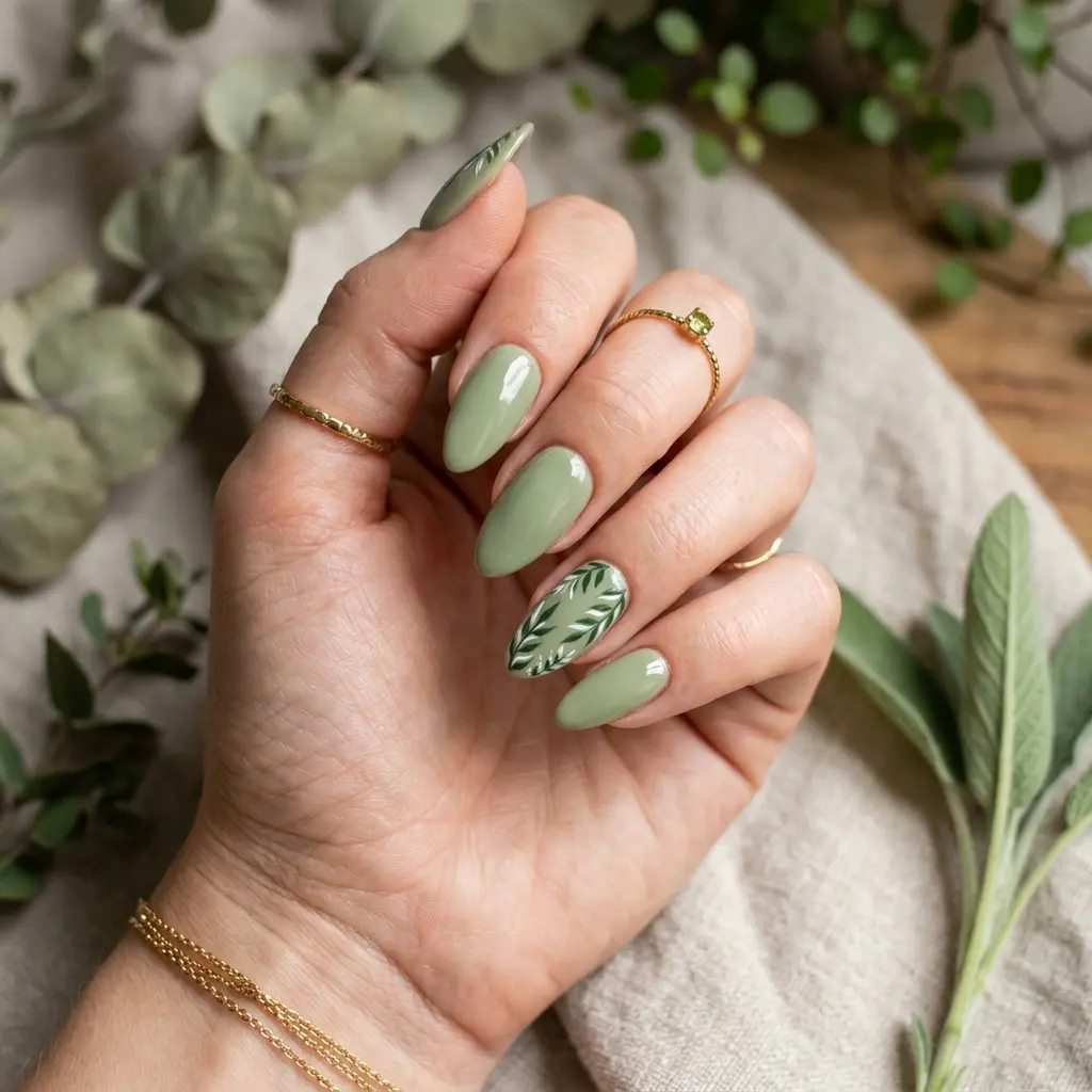 Sage Green Leaf Nails