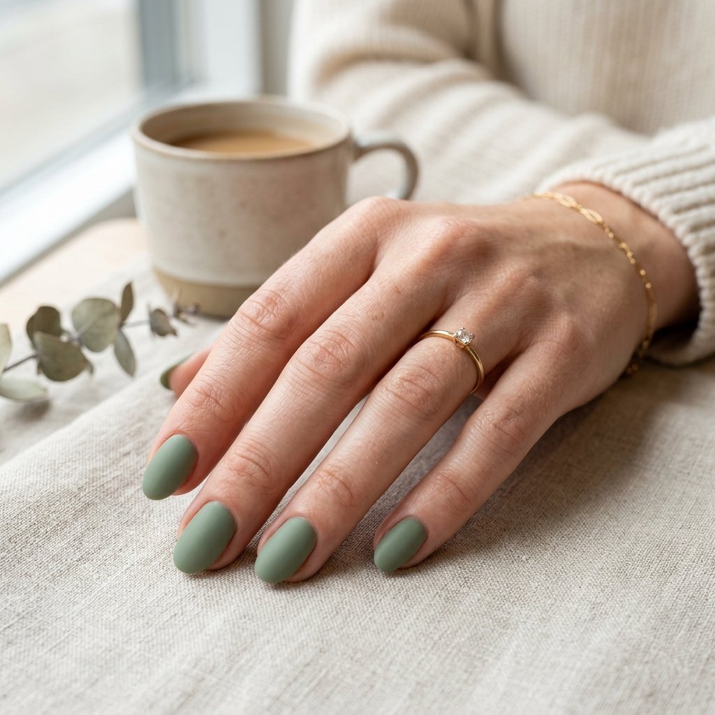Sage Green Matte Short Oval Nails