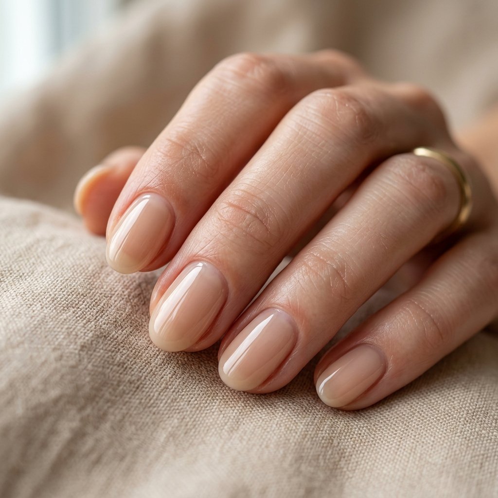 Sheer Beige Glaze Short Oval Nails