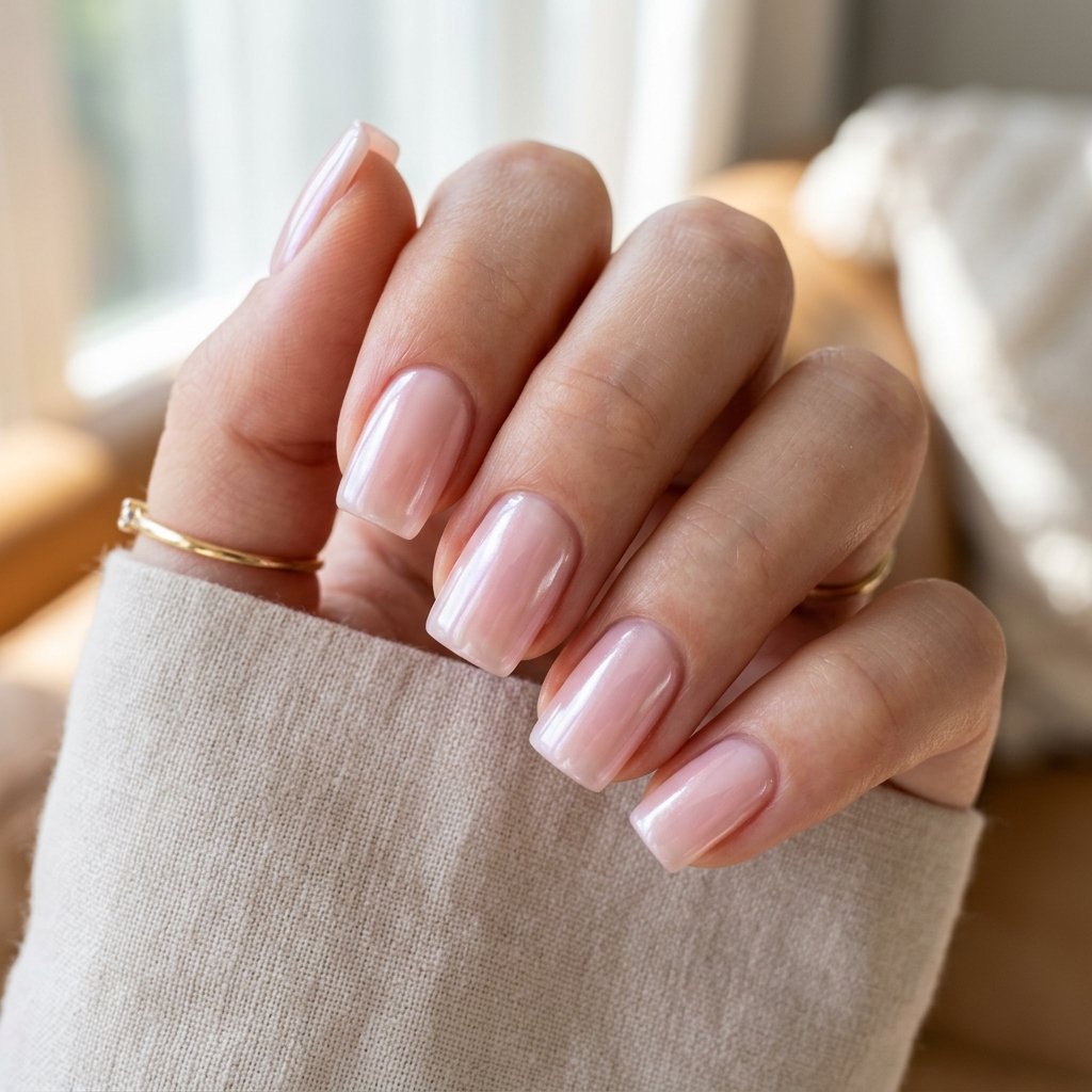 Sheer Pink Glazed Short Square Nails