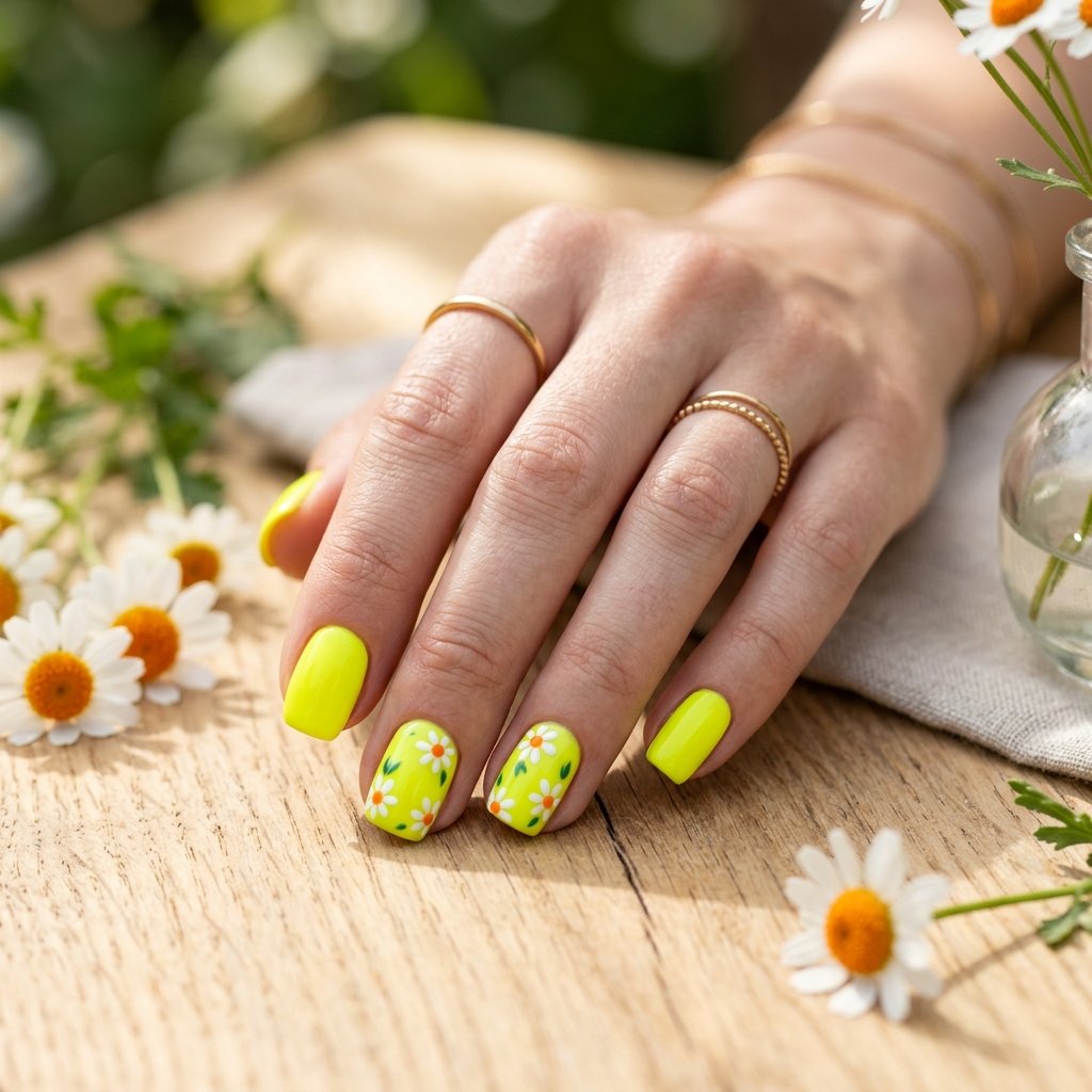 Neon Yellow Short Nails with Daisy Detail