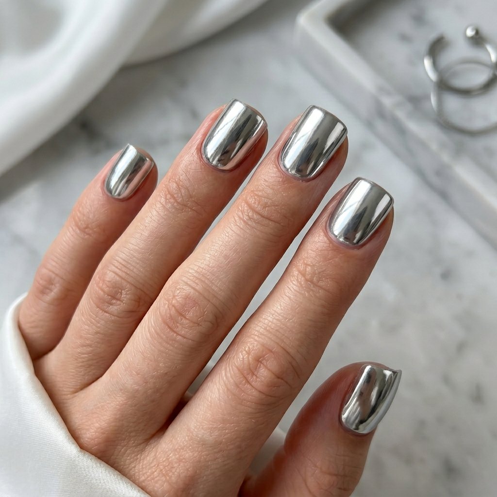Silver Chrome Short Square Nails