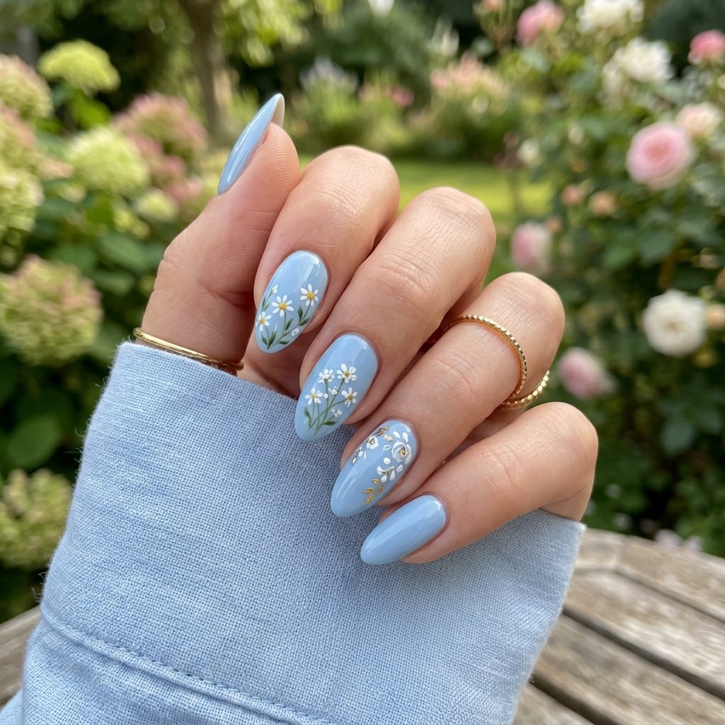 19 Blue Summer Nails Ideas to Refresh Your Seasonal Manicure 4 Sky Blue Floral Nails