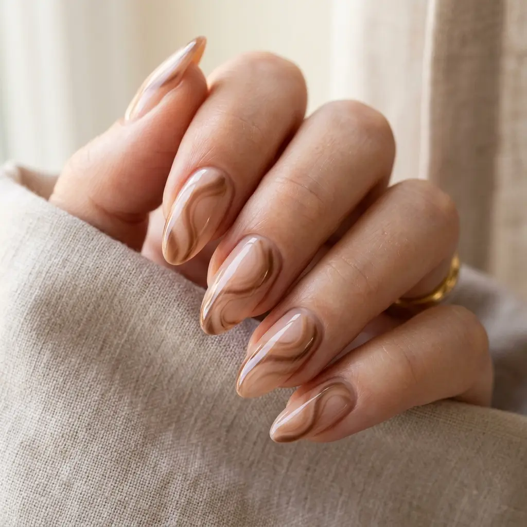 23 Early Fall August Nails You'll Want to Wear Before Everyone Else 22 Soft Brown Swirl Nails