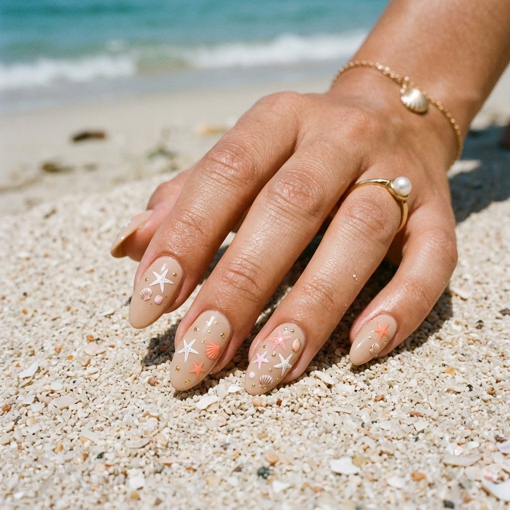 Starfish and Shell Nails on Sandy Base