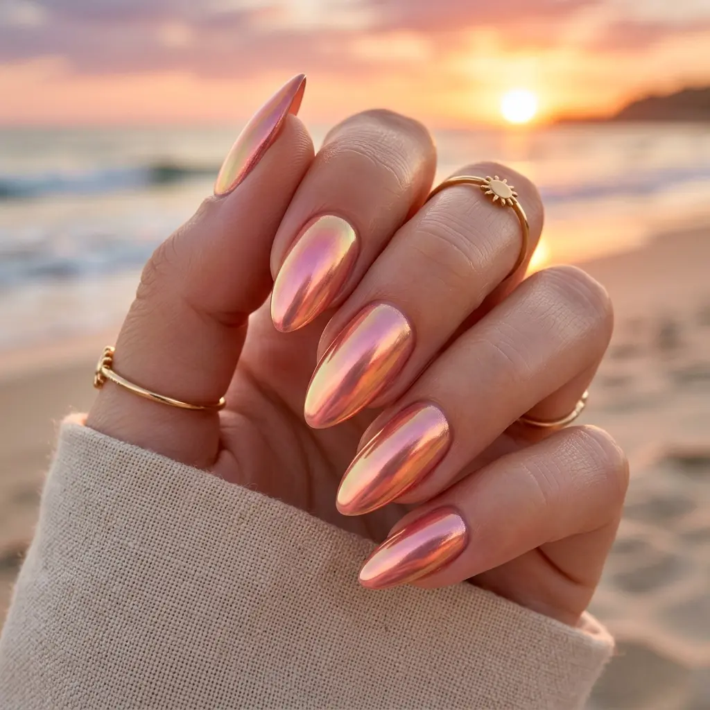 Sunset Glow Chrome Nails
