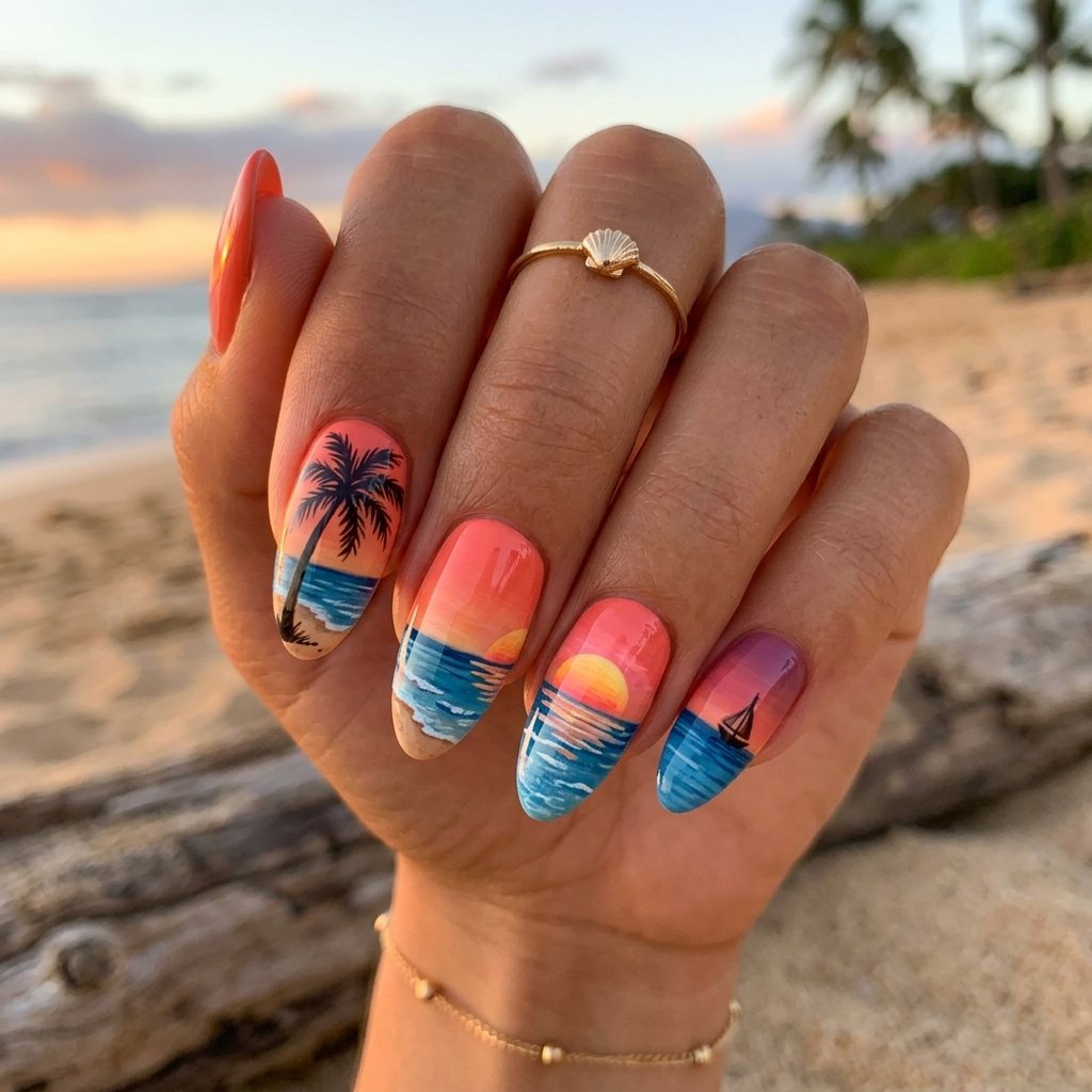 Sunset Beach Scene Nails