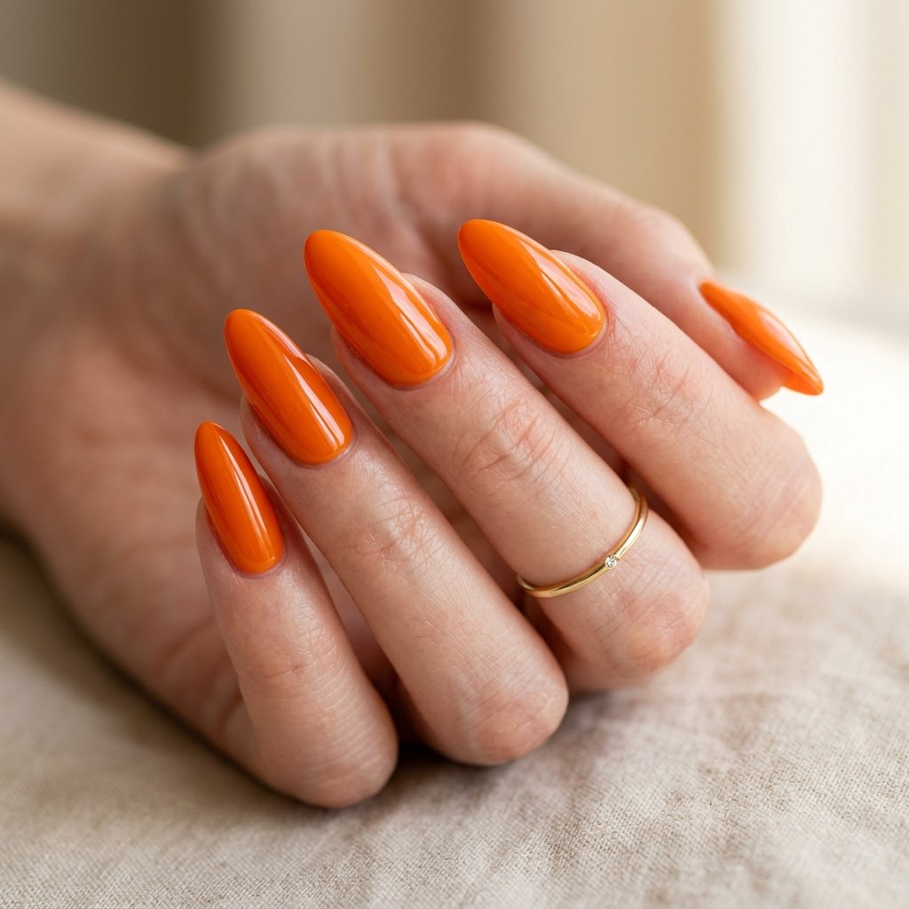 Glossy Tangerine Almond Nails