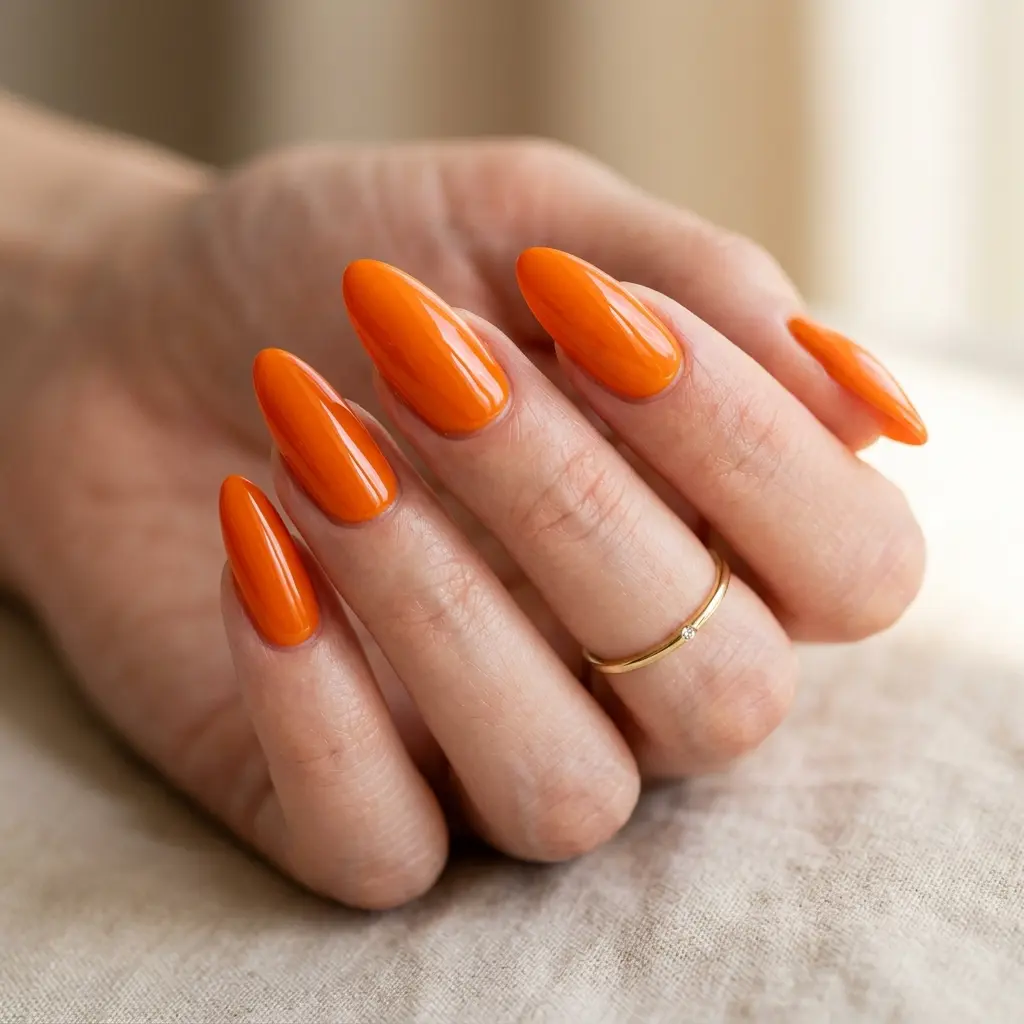 Glossy Tangerine Almond Nails