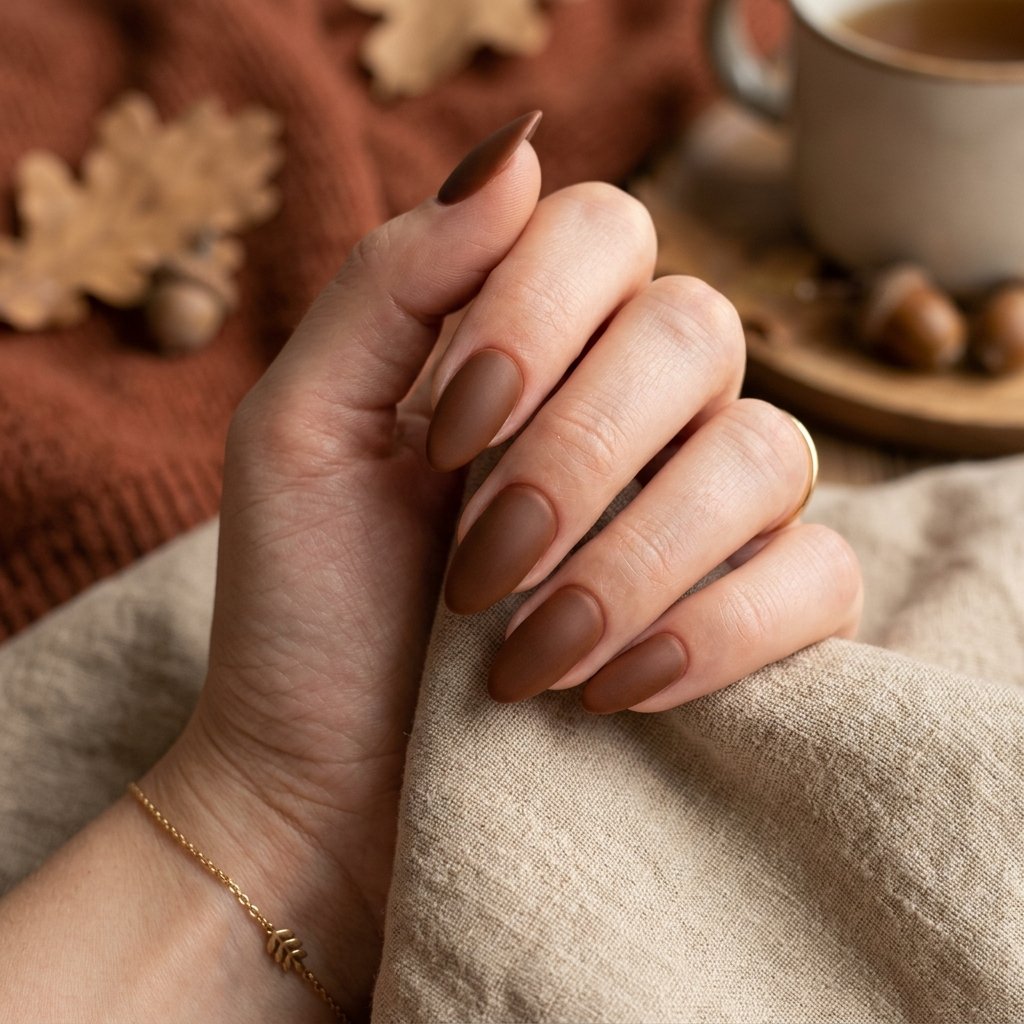 Deep Tawny Brown Matte Almond Nails