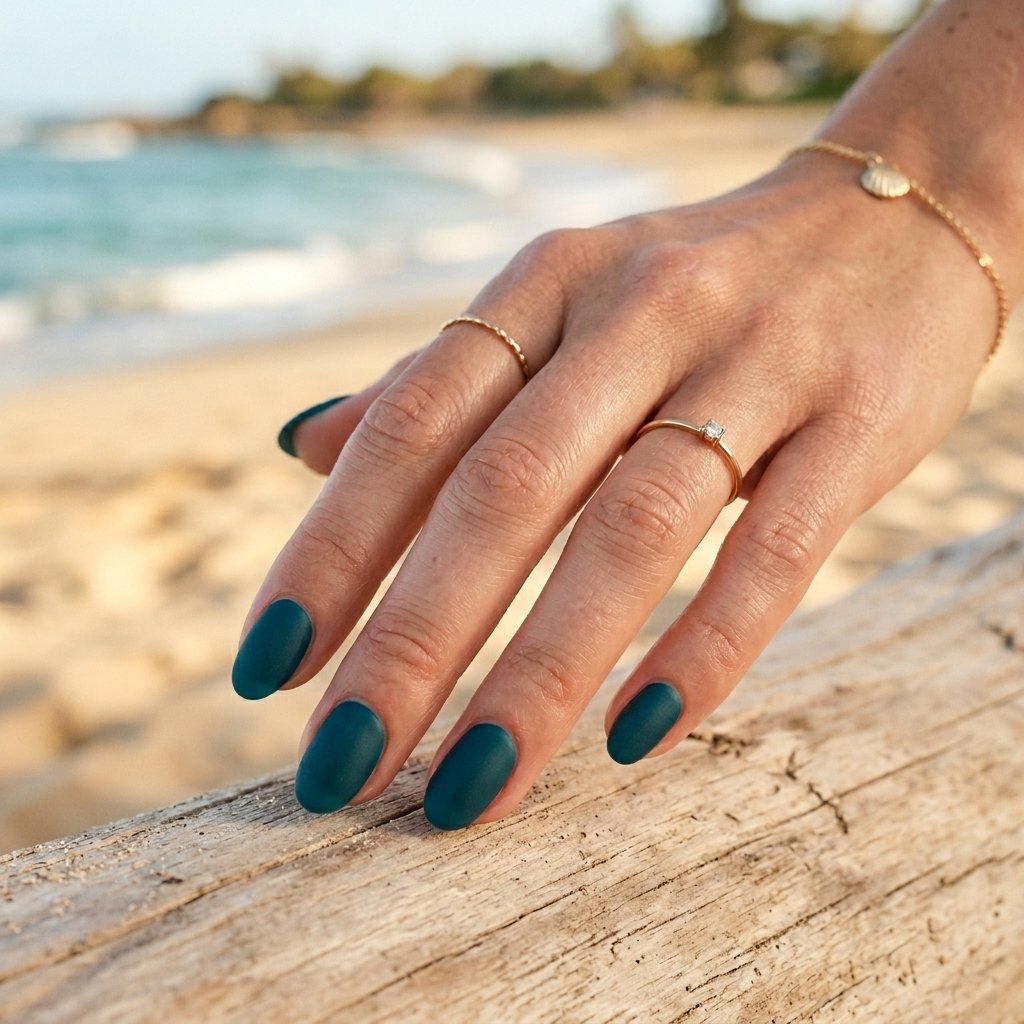 Deep Teal Matte Short Almond Nails