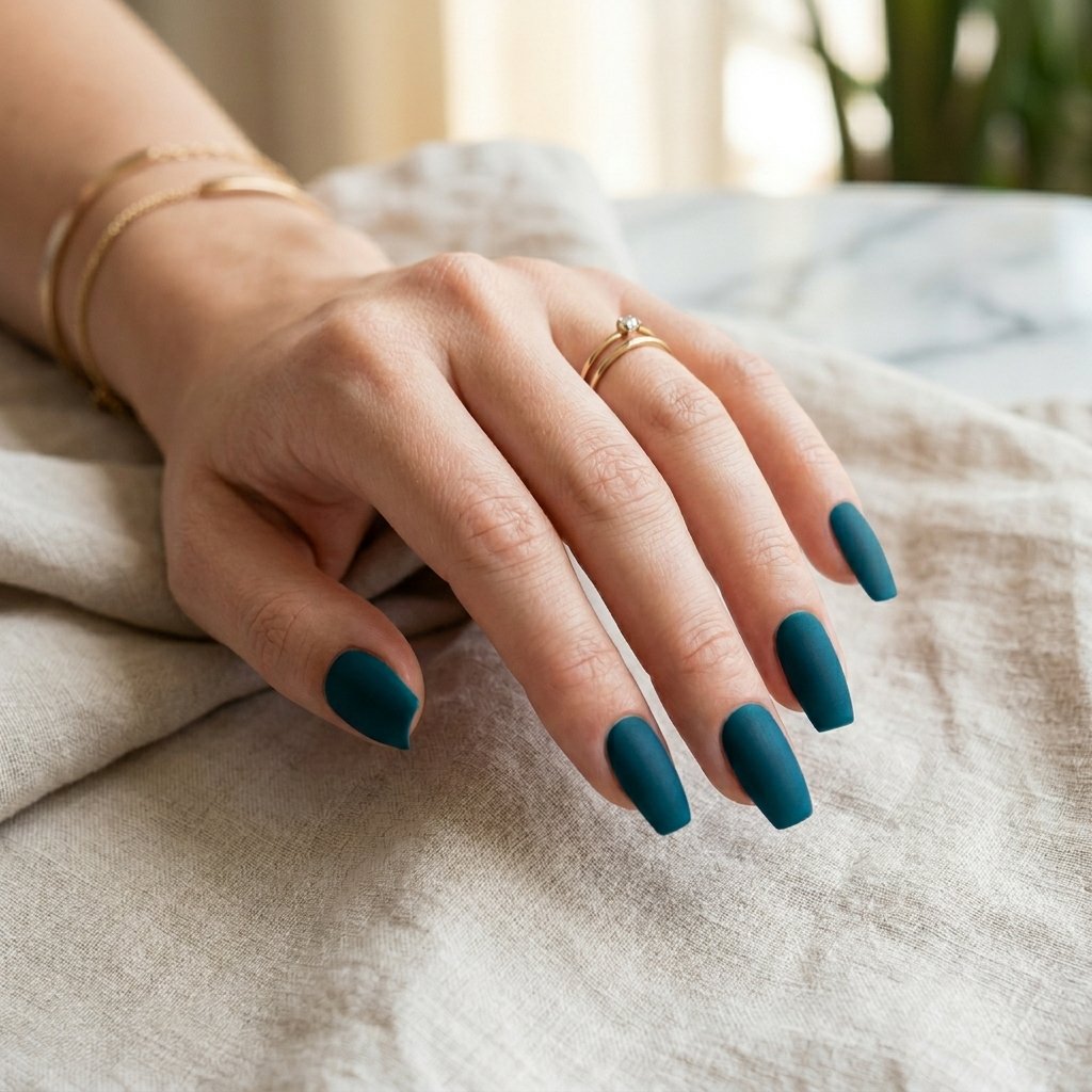Deep Teal Matte Short Coffin Nails