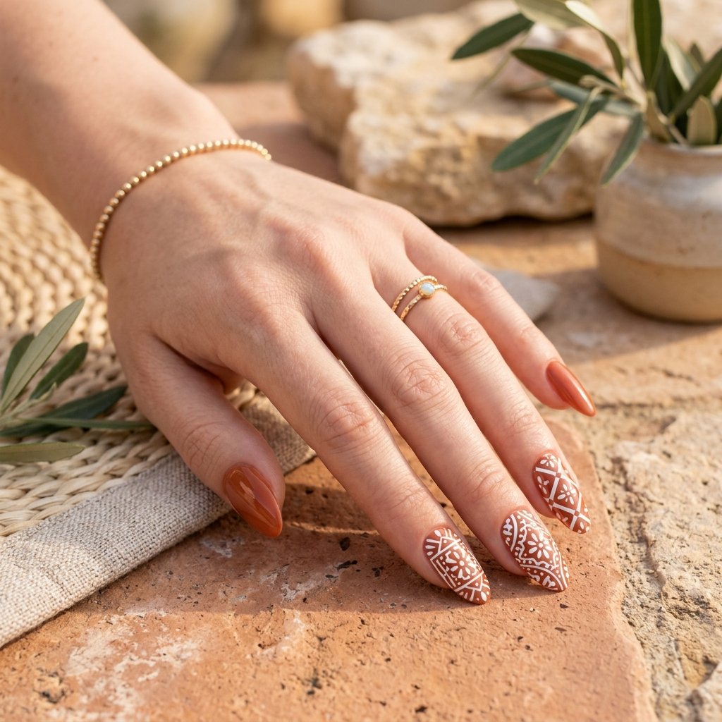 Terracotta and White Geometric Tile Nails