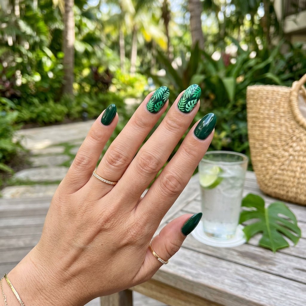 Tropical Leaf Pattern on Deep Green Base