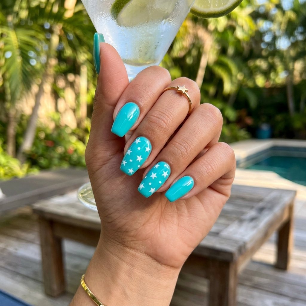 Turquoise and White Star Coffin Nails