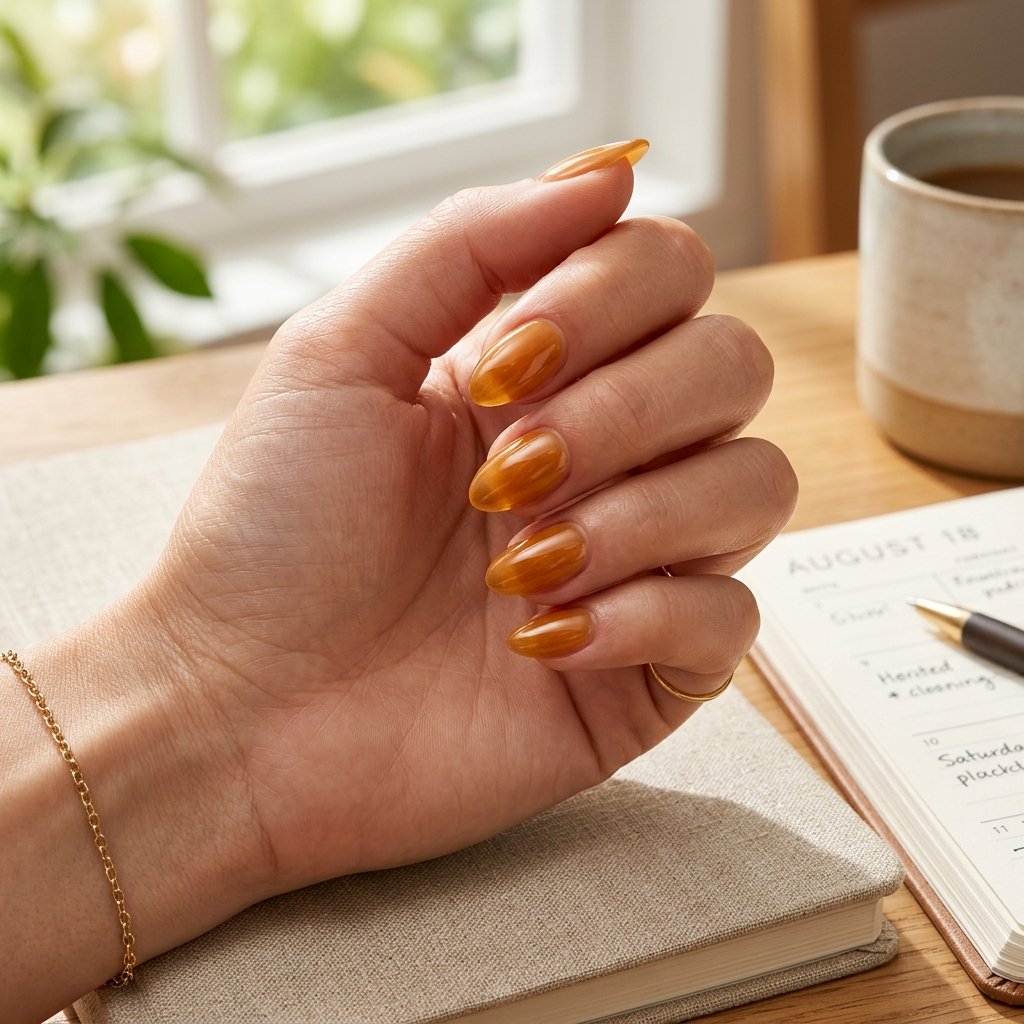 Warm Amber Glazed Short Almond Nails