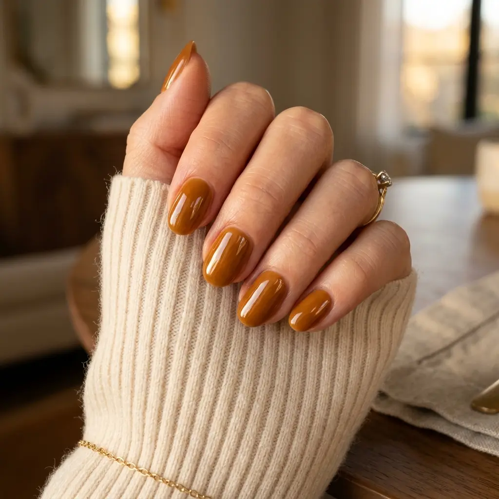 Warm Caramel Glazed Short Oval Nails