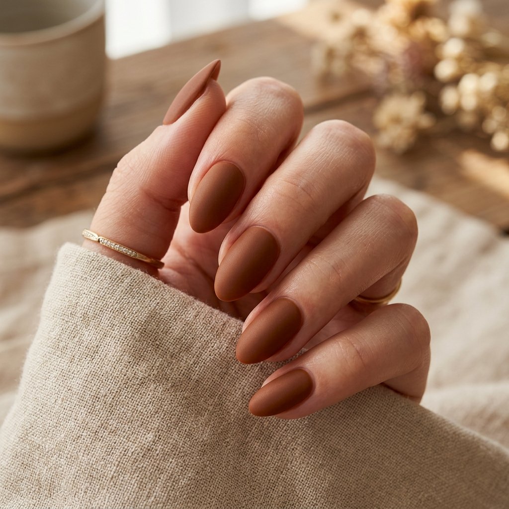 Warm Cognac Matte Short Almond Nails