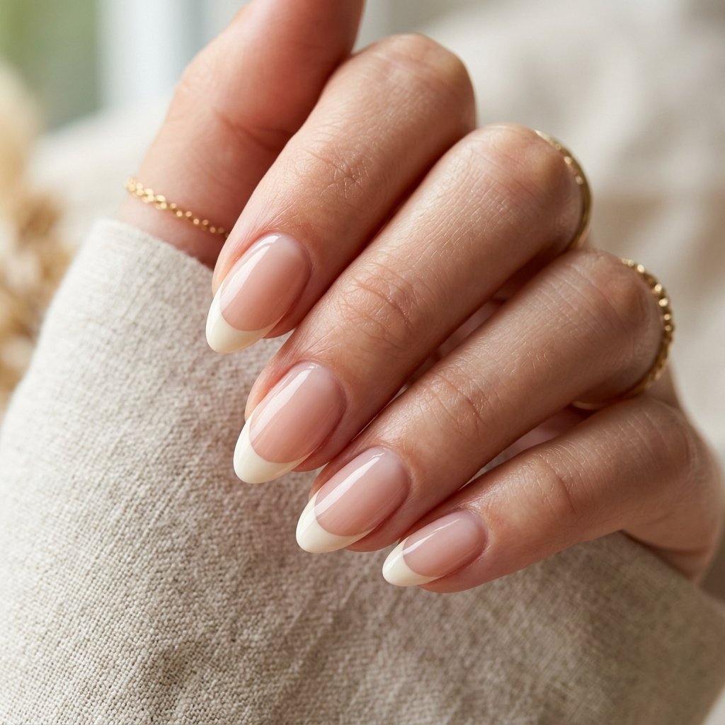 Warm Cream French Tips on Short Almond Nails