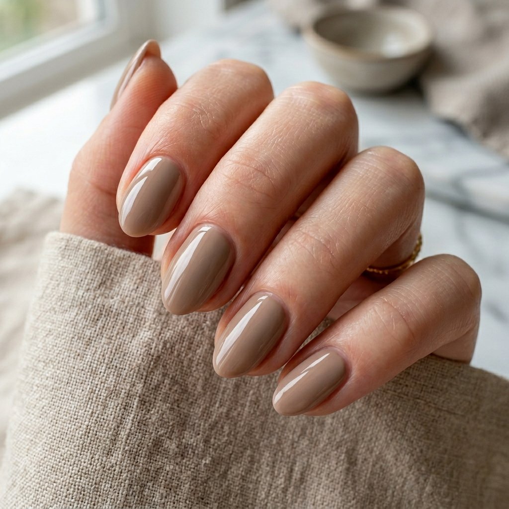 Warm Taupe Glossy Short Almond Nails