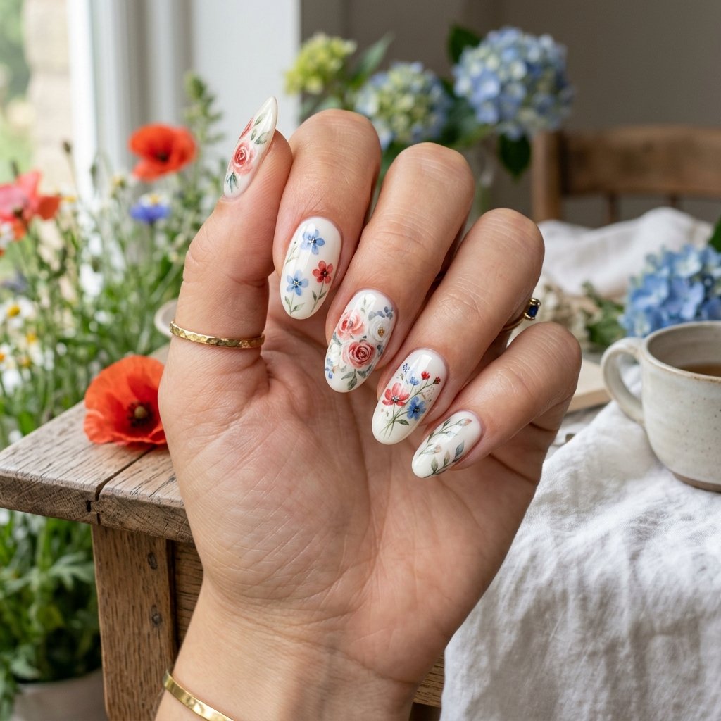 Watercolor Red White and Blue Floral Nails