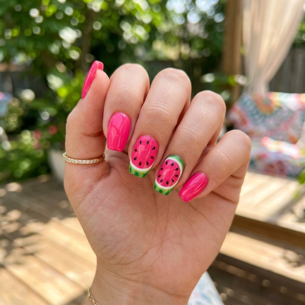 Watermelon Slice Accent on Pink Short Coffin Nails