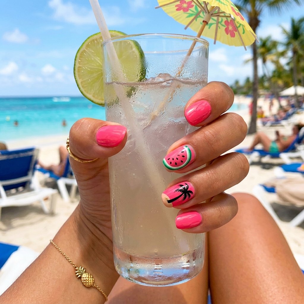 Watermelon Slice and Palm Tree Mixed Accent Nails